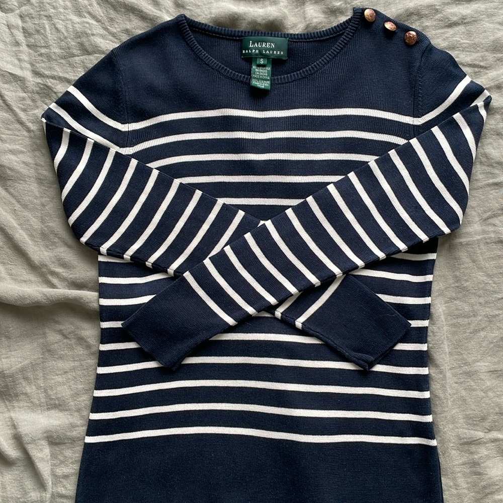 Lauren Spun Silk Sweater Size S Navy & White Stripe Long Sleeve Nautical
